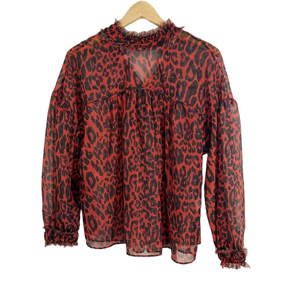 Zara Z1975 Design Red & Black Animal Leopard Print Sheer High Neck Blouse, M